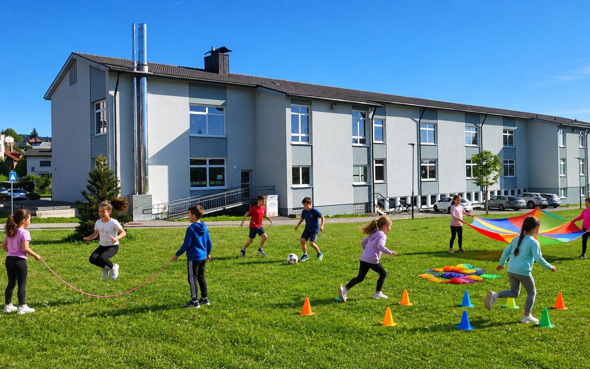 Kinder spielen an der Bücherei